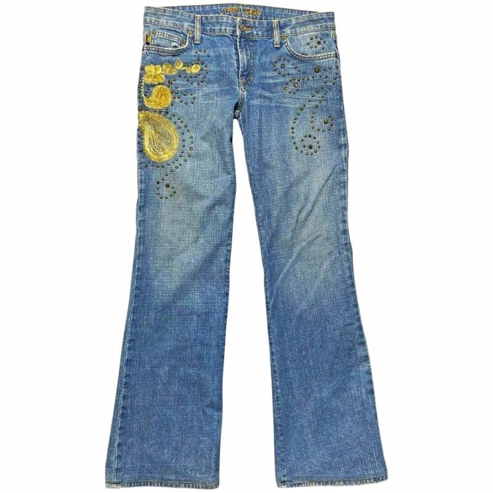 Vtg Streets Ahead Jeans 31 Womens Flare Studded Embroidered Paisley Y2K Boho Vtg